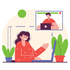 A cartoon-style illustration depicting a European woman working on a laptop in a cozy workspace filled with colorful plants and creative elements.