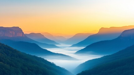 Fototapeta premium Fog Covered Valley at Sunrise with Soft Light and Layered Hills