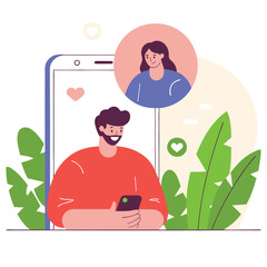 A young couple, depicted in a flat cartoon style, interacts on a smartphone amid colorful plants. They showcase a joyful connection.