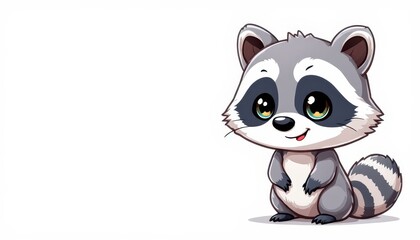 Obraz premium Cute Raccoon Cartoon Character Standing Smiling on White Background for Graphic Resource and Text Overlay Purpose Purpose