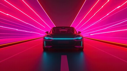 Naklejka premium Futuristic Autonomous Vehicle in Neon Light Tunnel