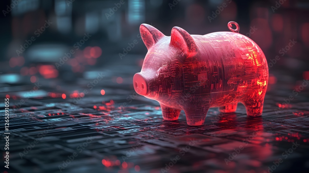 Poster digital savings concept piggy bank with circuit board texture on abstract tech background