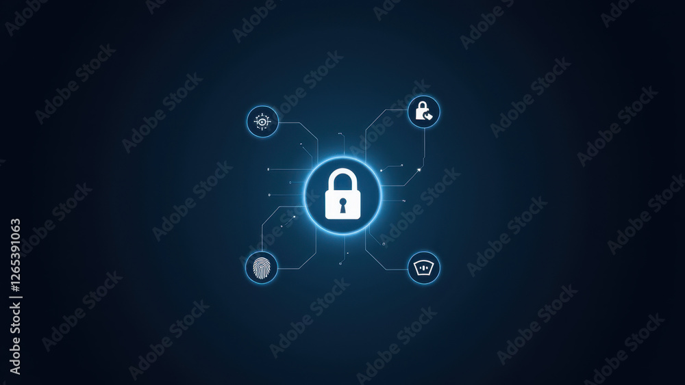 Poster a digital art graphic symbolizing cybersecurity with a stylized lock icon at its core, connected by 