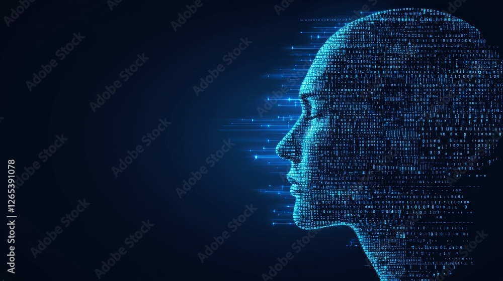 Poster digital consciousness profile of binary code human head on deep blue, artificial intelligence