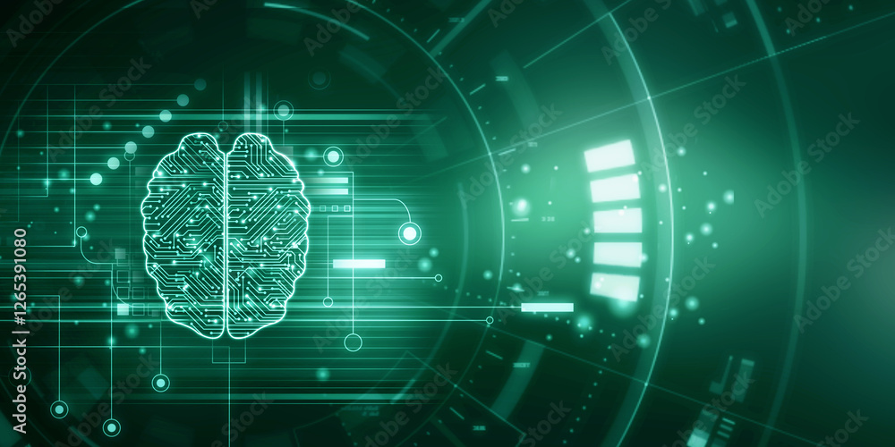 Poster 2d illustration concept of thinking, background with brain, abstract artificial intelligence. techno