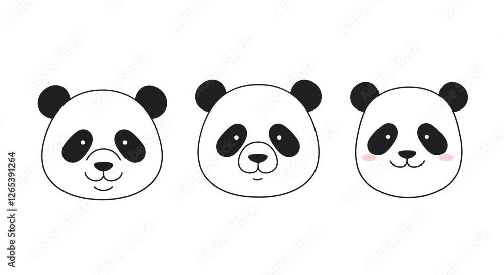 Poster cute panda faces displaying different expressions in flat vector art