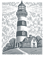 Obraz premium A vintage-style illustration of a lighthouse standing tall beside a small attached building, rendered in a woodcut or linocut style. The monochromatic design features detailed crosshatching .