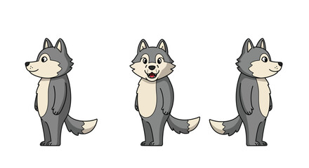 Obraz premium Cute cartoon wolf character in three poses, flat design style, vector illustration