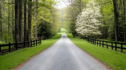 Naklejka premium Gravel Driveway Leading Through Lush Green Spring Landscape