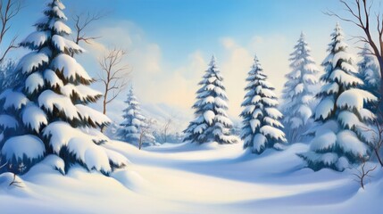 A serene winter landscape featuring snow-covered pine trees against a clear blue sky, evoking feelings of tranquility and beauty in nature's winter wonderland.