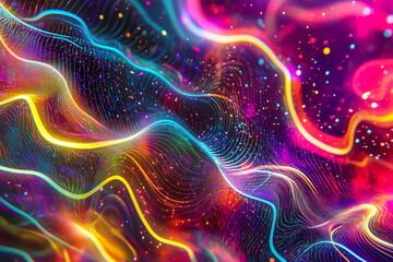 Obraz premium Vibrant abstract waves of glowing neon light flow seamlessly against a dark background, creating a futuristic and dynamic aesthetic. Use for business, banner, advertising.