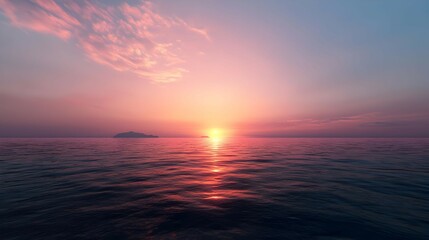 Fototapeta premium Pink and Orange Sunset over Calm Ocean with Distant Cruise Ship