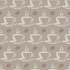 Seamless pattern on the theme of coffee and food with cups and coffee beans in soft pastel beige and cream colors, can be used for packaging, holiday cards, websites, textiles