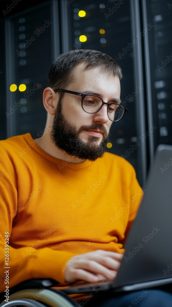 Poster man in orange sweater working on laptop at a modern office with server racks in the background
