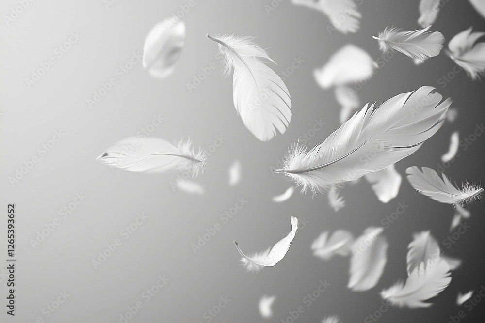 Poster falling white feathers create serene and minimalistic atmosphere against soft gray background, evoki