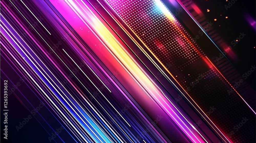 Poster A Vibrant Vector Background for Event Design. Dynamic Gradient Lines in Pink, Purple, and Blue on a Dark Backdrop. Abstract, Futuristic, and Glowing Line Pattern with Copy Space. Modern Technology Vec