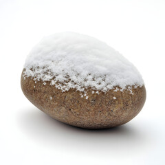  A large brown stone with a layer of white snow covering its top half, isolated on a white background.