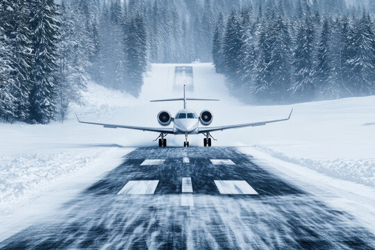 Snowy Runway Landing Jet Plane