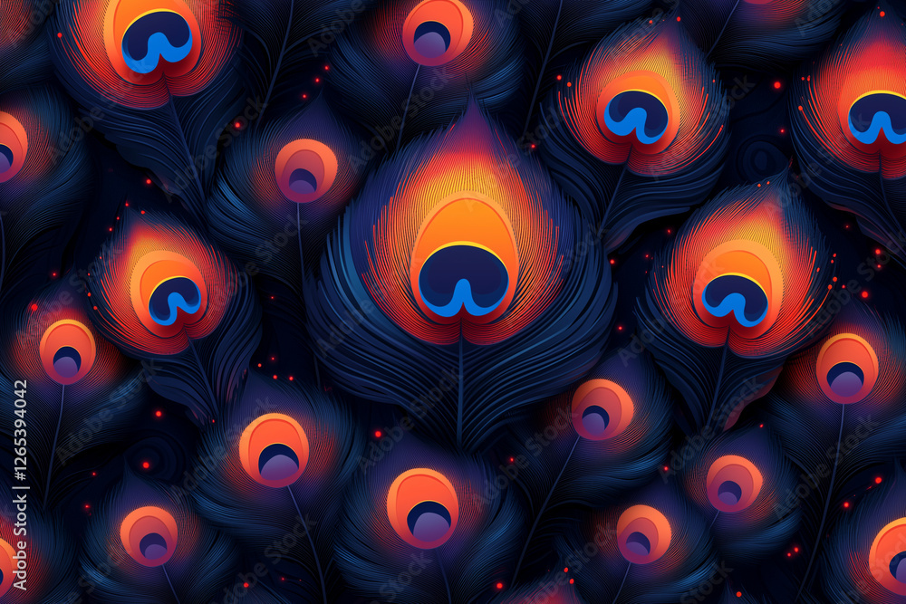 Poster vibrant peacock feather pattern with bold colors and intricate details, creating mesmerizing visual 