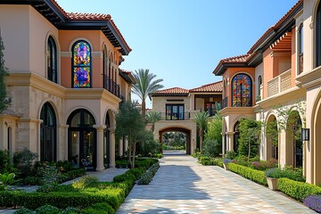 Obraz premium Luxurious Mediterranean-style villas with vibrant stained glass, lush gardens, and a clear blue sky
