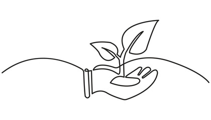 Continuous line drawing of a plant resting on a hand. Simple design for sustainability and environmental care themes