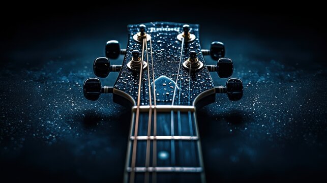 Close-up acoustic guitar headstock with water droplets, dark background