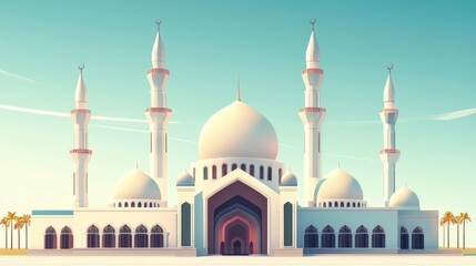 Elegant White Mosque with Minarets Against a Clear Blue Sky Backdrop