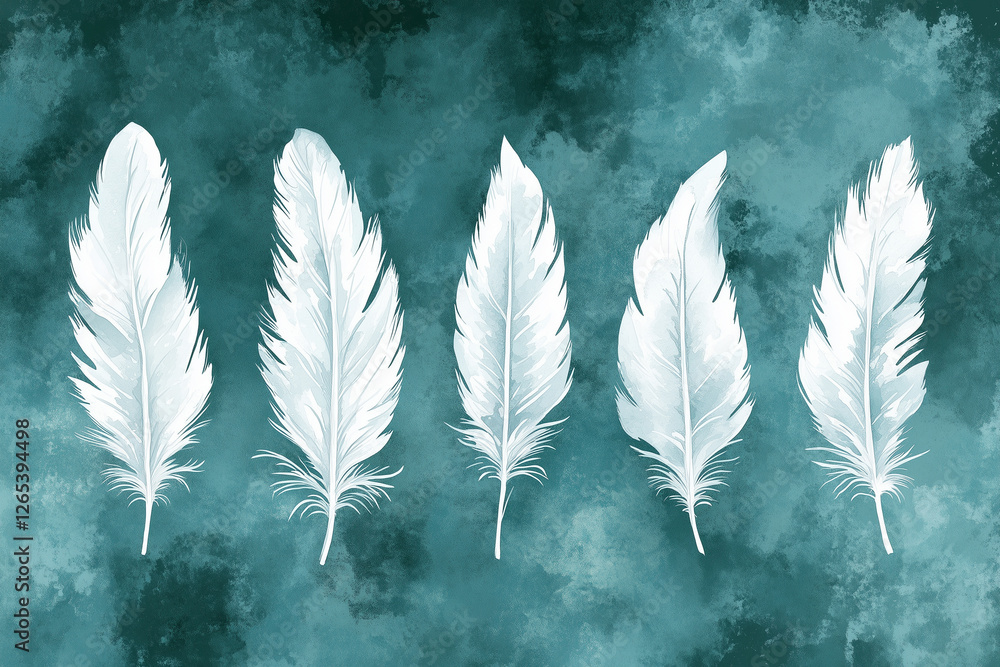 Poster white feathers on mint background create serene and calming atmosphere. delicate details of each fea