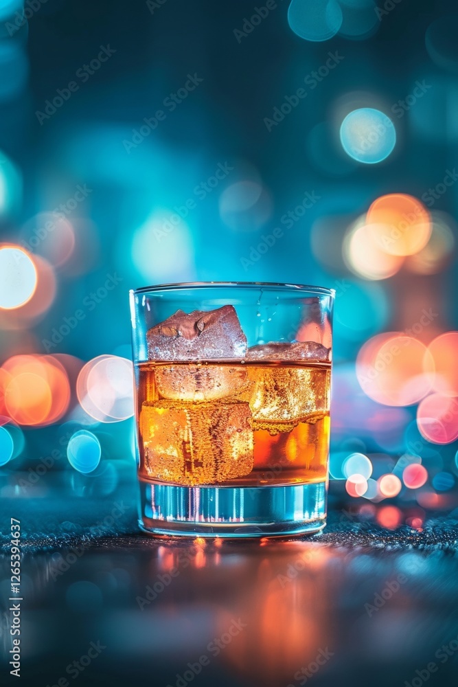 Poster a glass of whiskey with ice on a reflective surface against a blurred bokeh background