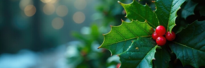A green leaf wraps around the base of a holly bush, winter wonderland, holly