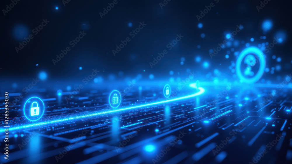 Poster cybersecurity concept with digital connections and icons on a network background.