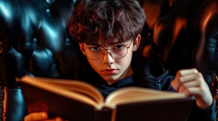 A young person with glasses engrossed in a book, seated in a stylish black leather chair, showcasing curiosity and passion for reading in a cozy environment.