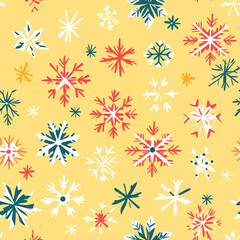 Yellow sketch seamless pattern with snowflakes