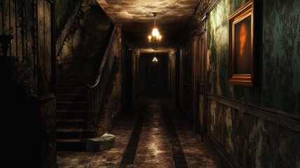 Spooky Abandoned Hallway, Decaying Mansion, Dark Interior, Old Paintings