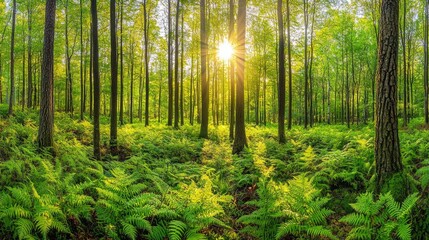 Obraz premium Serene Sunlight Filtering Through Lush Green Forest with Ferns and Tall Trees Emitting a Peaceful Atmosphere of Nature