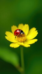 Fototapeta premium Bright red ladybug sits on delicate yellow flower, garden, insect, leaf