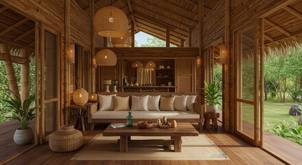 Inviting Bamboo House Interior with Tropical Garden View and Natural Light