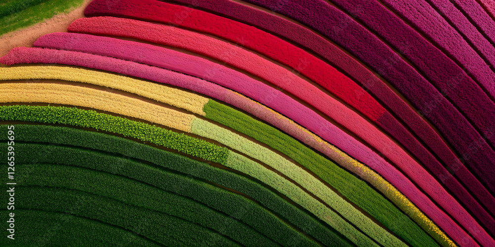 Poster aerial view of vibrant colorful farmland with rows of different plants creating a visually stunning 