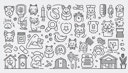 Pet veterinary clinic line icon set. Sick pet, animal, cat, dog for veterinarian sticker template. Doodle line style animal and character. perfect any project.