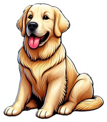 A cartoon-style illustration of a golden retriever sitting and panting with its tongue out, set against a black background