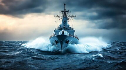 Modern Warship Battles Through Stormy Seas, A Testament to Naval Power and Resilience.