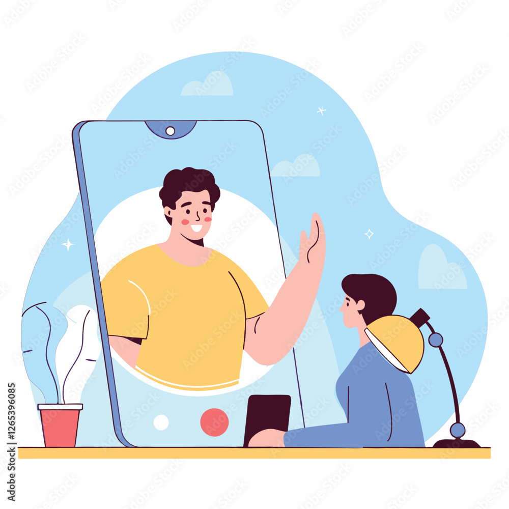 Poster digital illustration depicting a conversation between two individuals through a smartphone interface