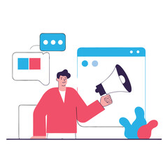A cartoon style illustration featuring a businessman with a megaphone, representing a multicultural environment and engaging with clients online.