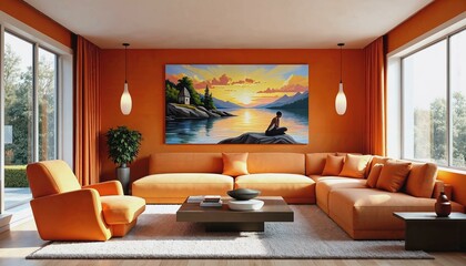 Modern living room with vibrant orange decor and scenic painting
