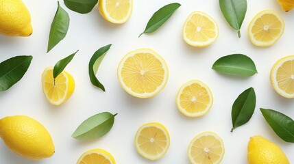 Fresh lemons and leaves on white background, food photography, recipe website