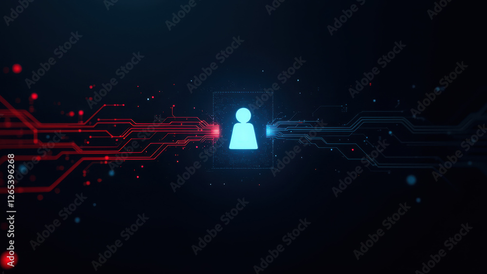 Poster cybersecurity, digital protection theme with red and blue lines representing data flow around a lock