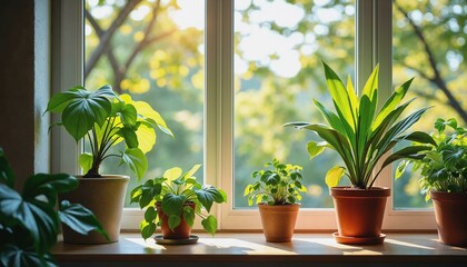 Fototapeta premium Sunny windowsill with vibrant plants emphasizing a connection to nature