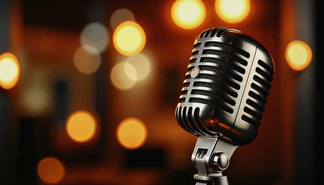Vintage-style microphone illuminated by warm ambient lighting symbolizing music and creativity
