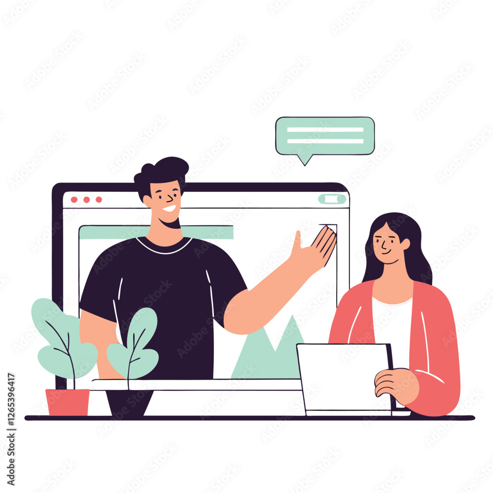 Poster a digital illustration showing a diverse team of individuals working together across screens, emphas
