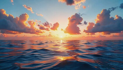 Fototapeta premium Photorealistic ocean sunset with calm waters and glowing skies